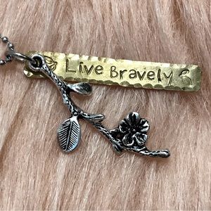 Live Bravely Flower Branch Charm Handstamped Necklace